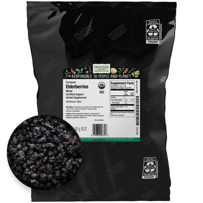 Frontier Co-op Organic Dried Elderberries - 1lb Bulk Bag (European Whole) | Kosher & Non-GMO