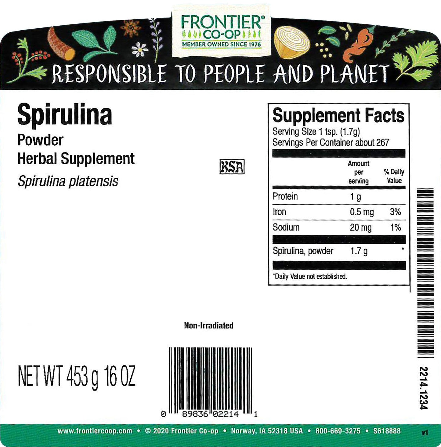 Frontier Co-op Spirulina Powder, Kosher, Non-Irradiated | 1 lb Bulk Bag | Spirulina platensis Geitler