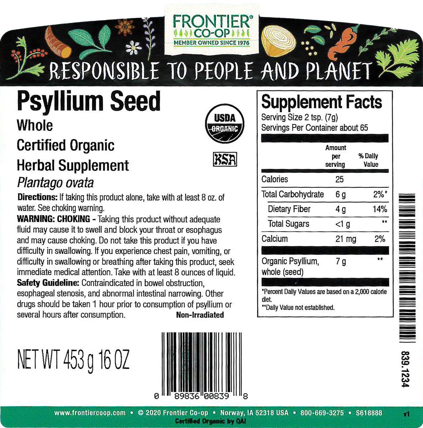 Frontier Co-op Organic Whole Psyllium Seed 1lb