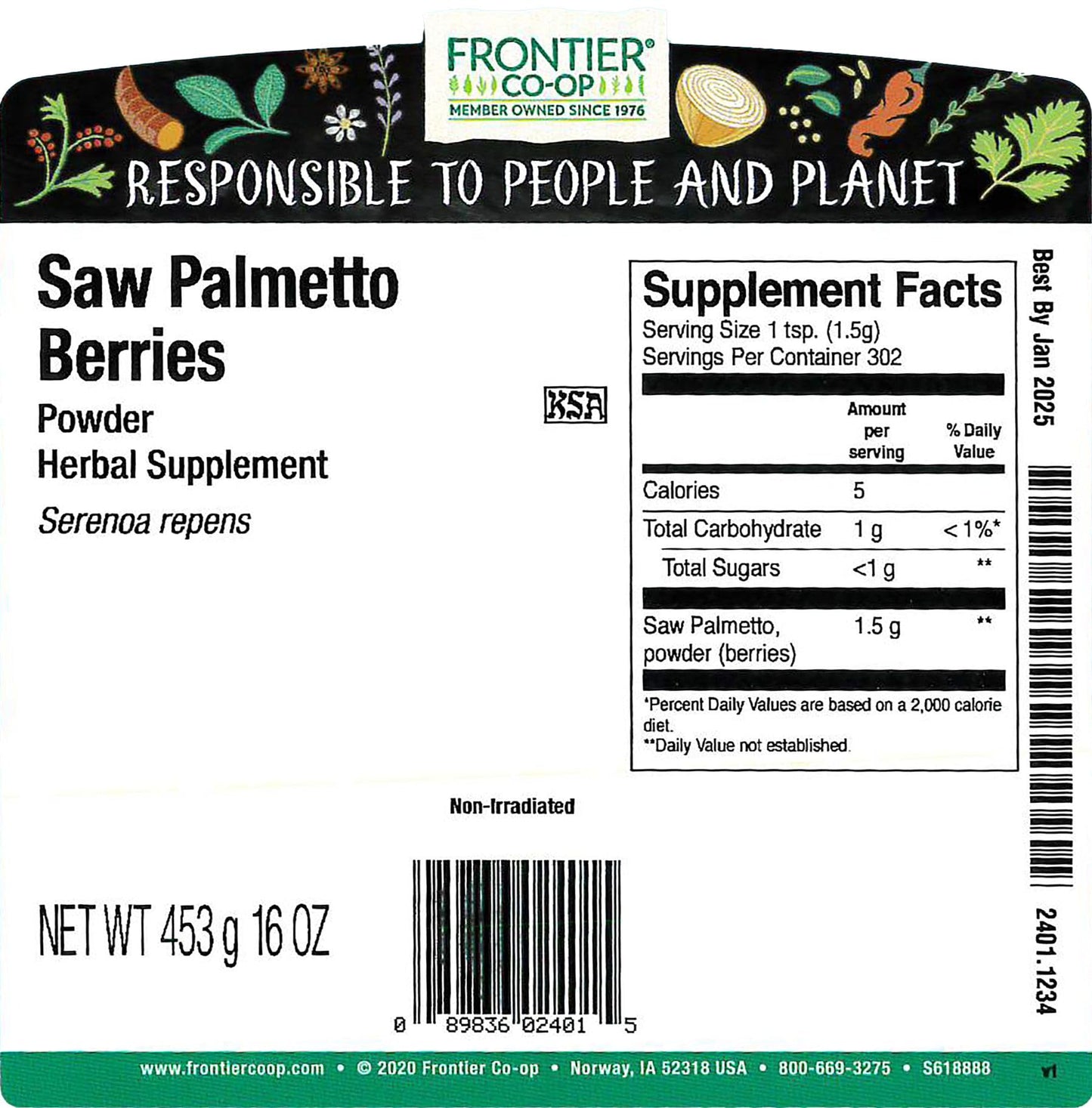 Frontier Bulk Saw Palmetto Berries Powder, 1 Pound