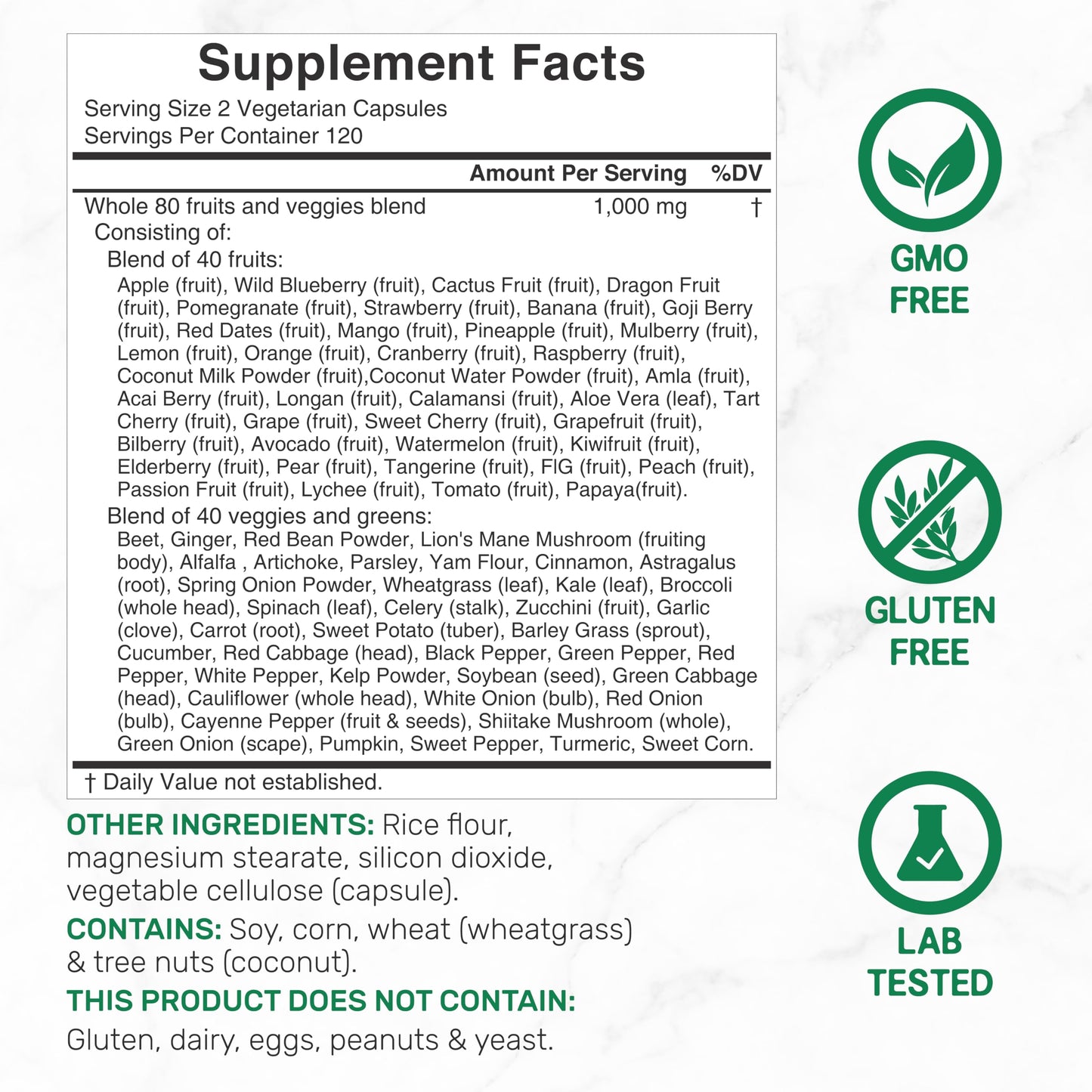 Nature's Fruits & Veggies Supplement – 240 Veggie Capsules, 80 Superfoods, 40 Fruits & 40 Greens – Non-GMO, Gluten Free
