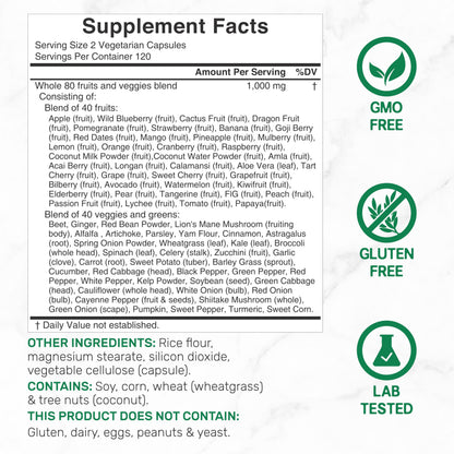 Nature's Fruits & Veggies Supplement – 240 Veggie Capsules, 80 Superfoods, 40 Fruits & 40 Greens – Non-GMO, Gluten Free