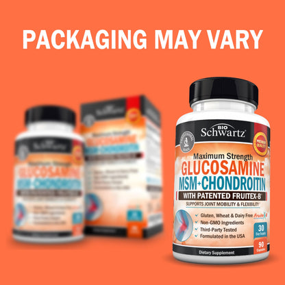 Glucosamine Chondroitin MSM Joint Support – Collagen, Turmeric, Hyaluronic Acid | Gluten Free, Non-GMO 90 Capsules