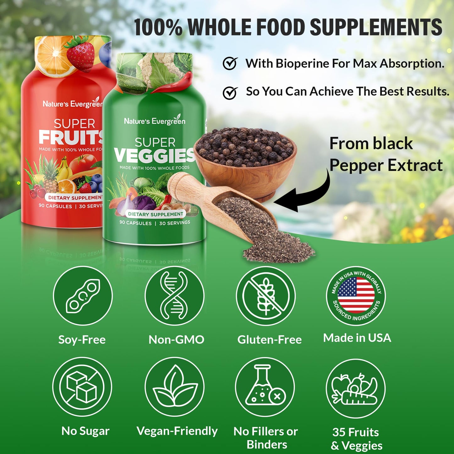 Fruits & Veggies Supplement - Vegan, Non-GMO - Made in USA | 180 Capsules (Pack of 2)