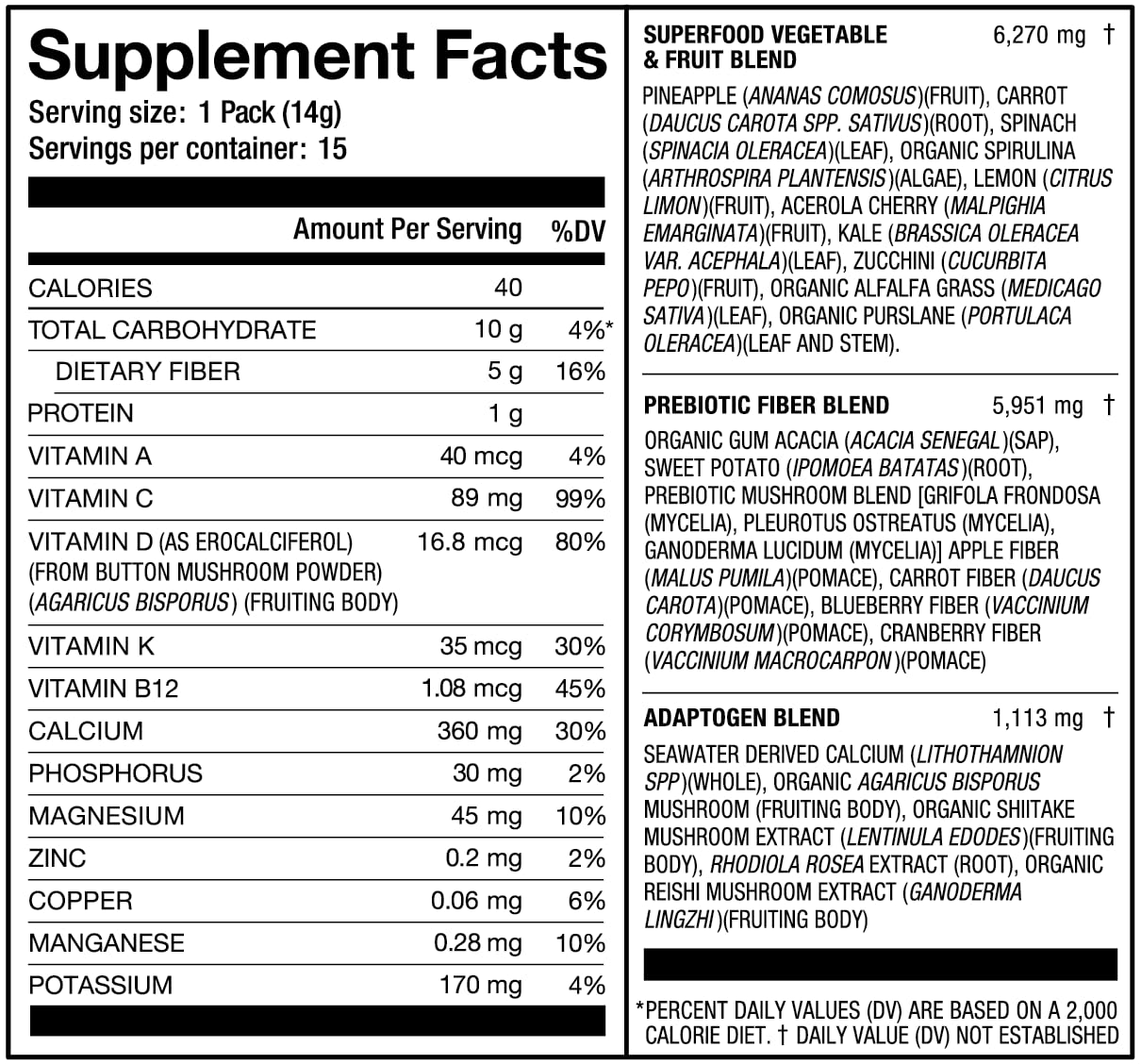 Laird Superfood Prebiotic Daily Greens – 15 Sachets – Vegan & Non-GMO