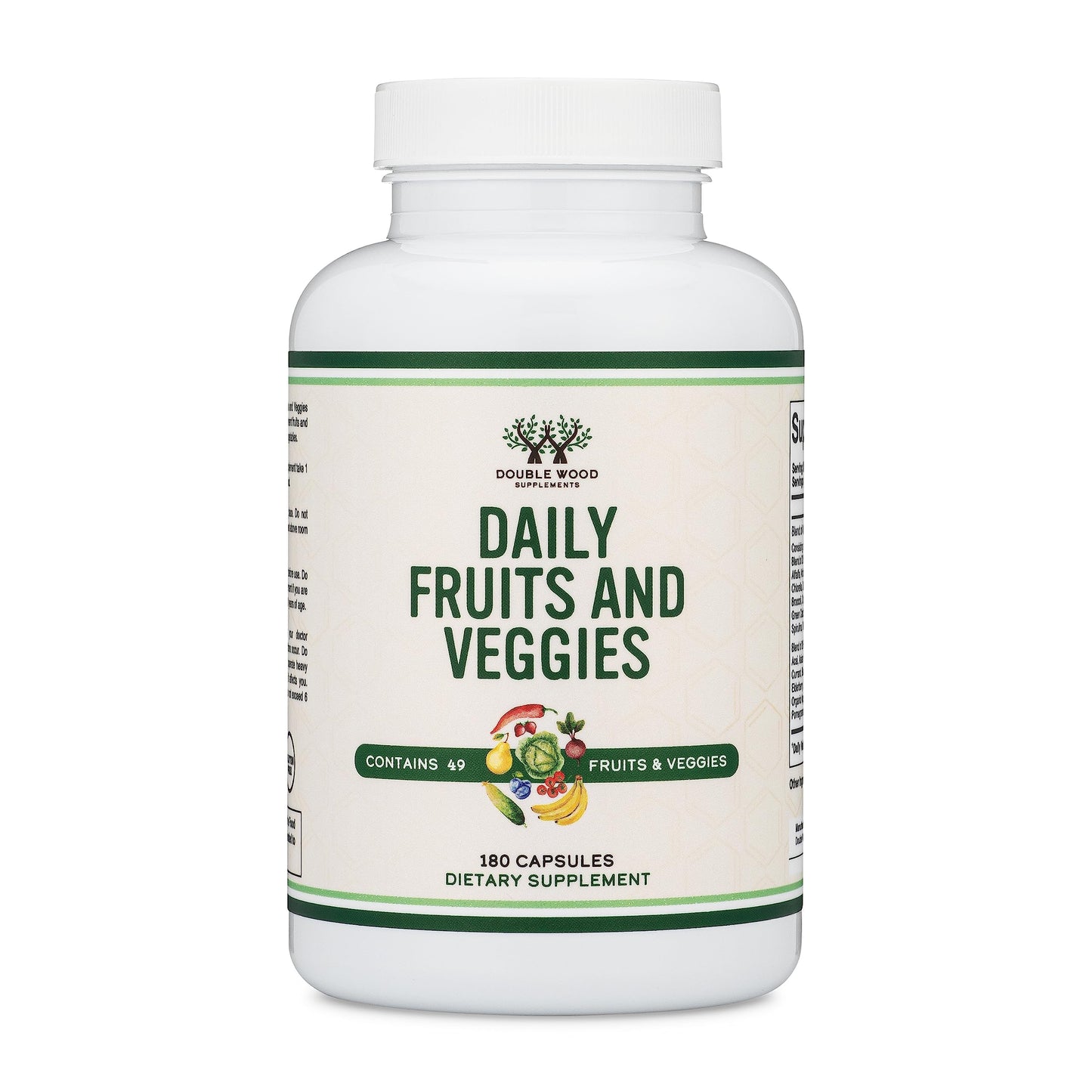 Double Wood Fruits & Veggies Supplement – Daily 49-Fruit & Veggie Blend, 1,500mg, 180 Capsules