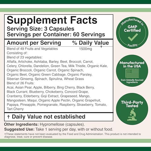 Double Wood Fruits & Veggies Supplement – Daily 49-Fruit & Veggie Blend, 1,500mg, 180 Capsules