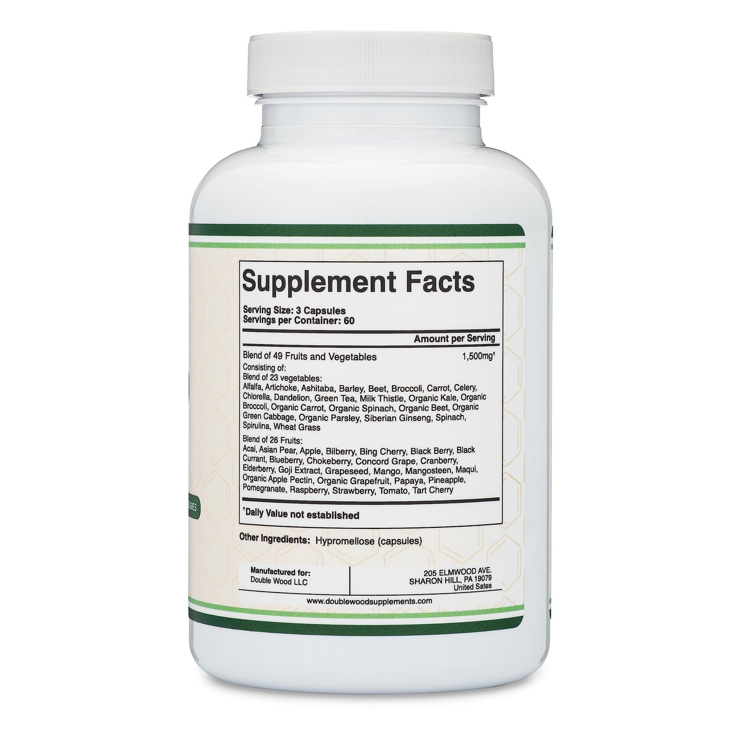 Double Wood Fruits & Veggies Supplement – Daily 49-Fruit & Veggie Blend, 1,500mg, 180 Capsules