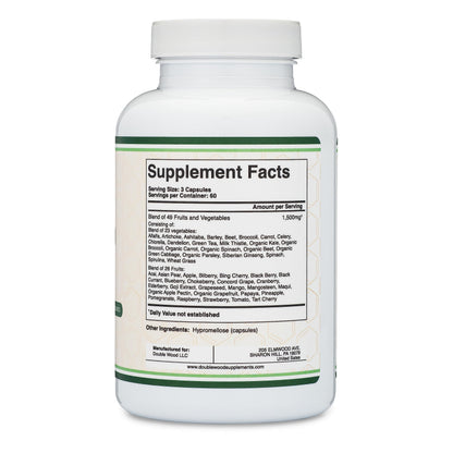 Double Wood Fruits & Veggies Supplement – Daily 49-Fruit & Veggie Blend, 1,500mg, 180 Capsules
