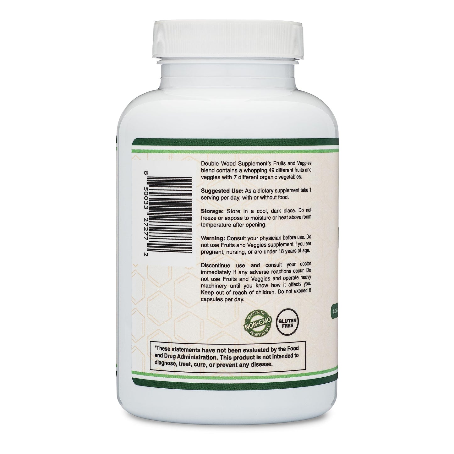 Double Wood Fruits & Veggies Supplement – Daily 49-Fruit & Veggie Blend, 1,500mg, 180 Capsules