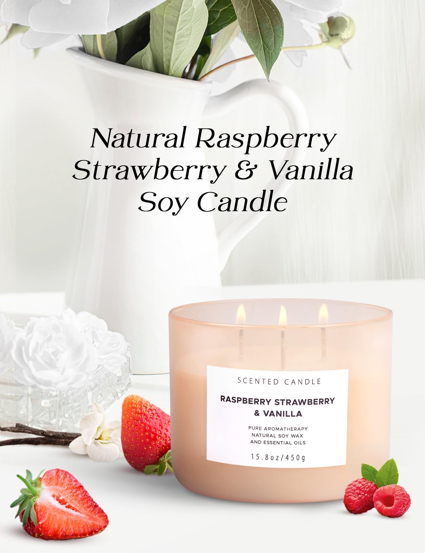Raspberry Strawberry Vanilla 3-Wick Soy Candle – 15.8 oz | Long-Lasting Aromatherapy with Strong Throw
