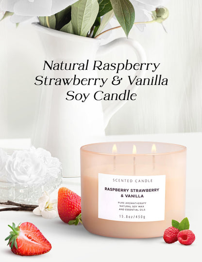Raspberry Strawberry Vanilla 3-Wick Soy Candle – 15.8 oz | Long-Lasting Aromatherapy with Strong Throw