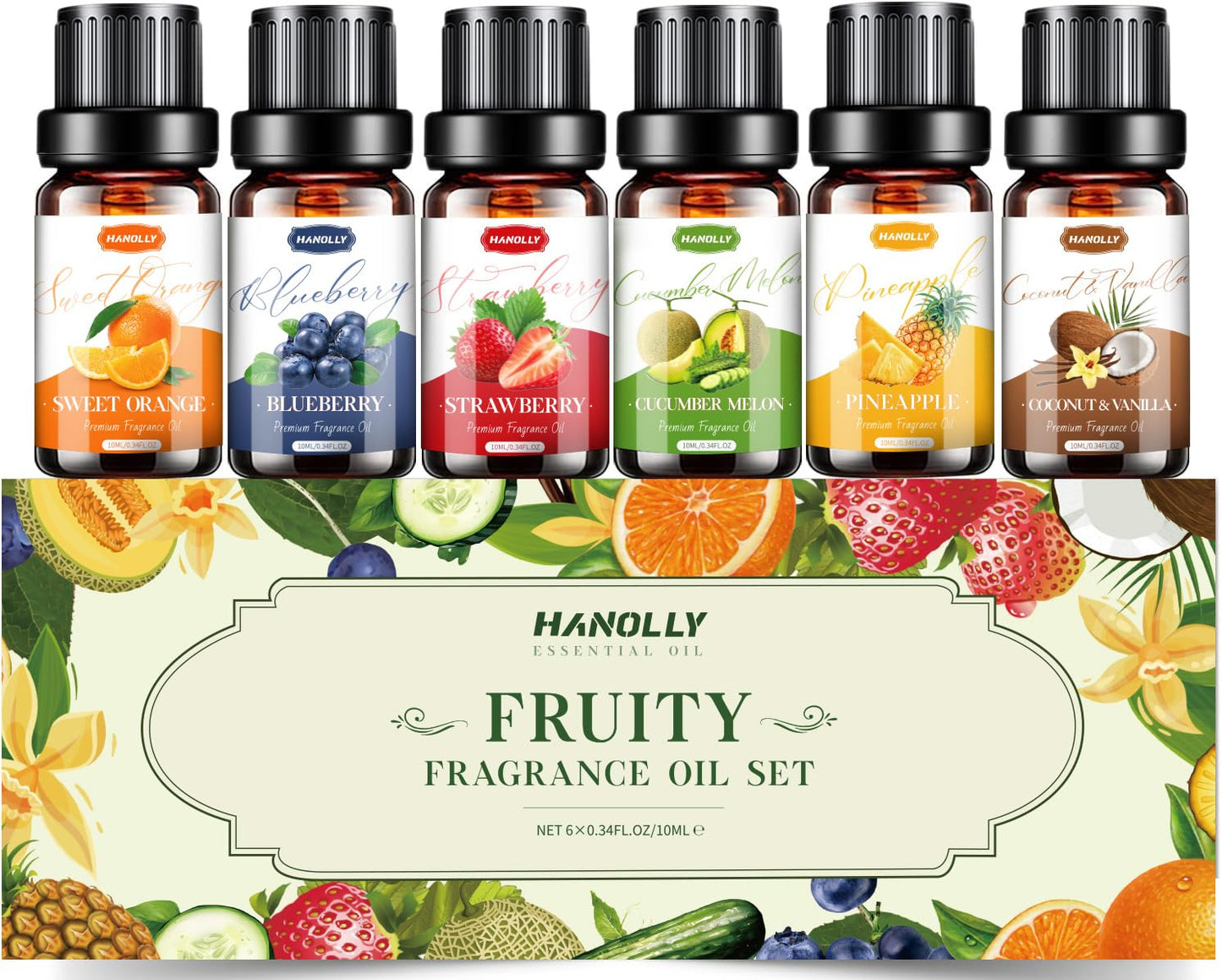 Fruity Essential Oils Set – 6x10ml Aromatherapy Oils for Diffuser & Candle Making (Strawberry, Coconut)