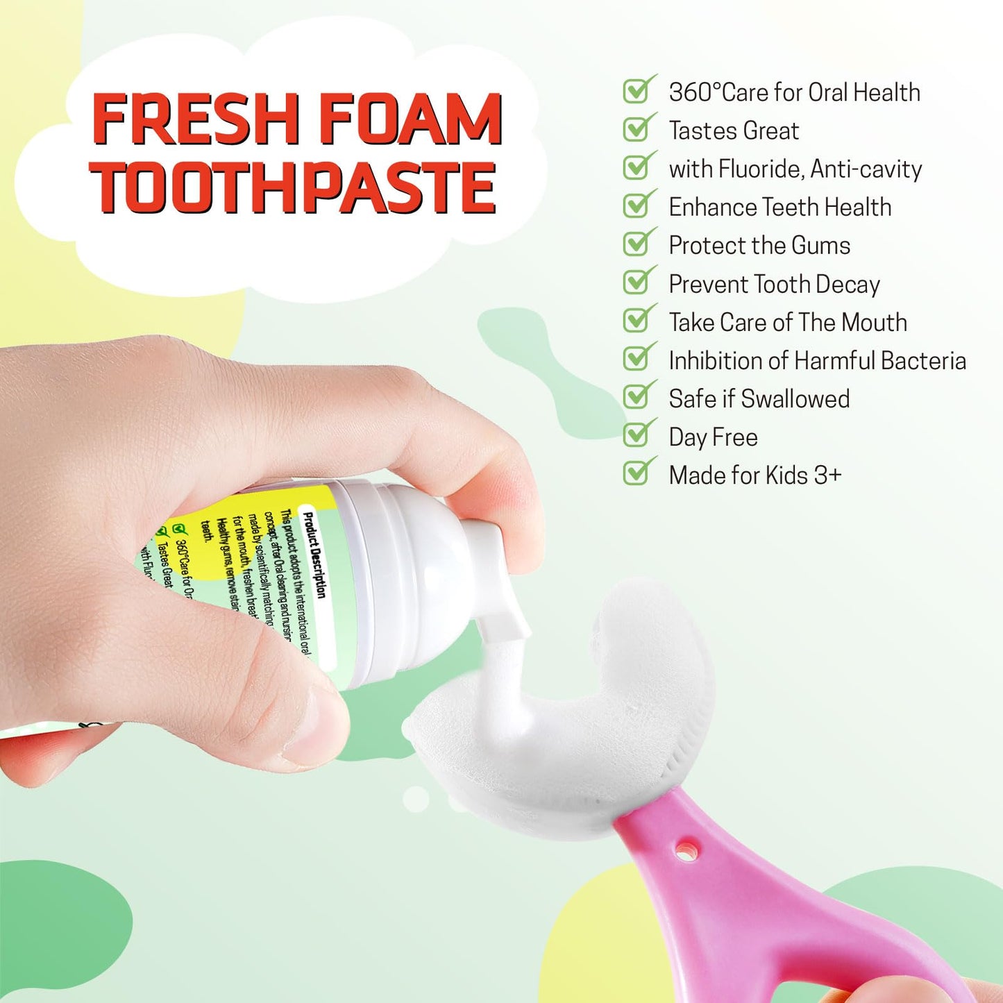 Kids Foam Toothpaste with Fruit Flavor - Low Fluoride Anti-Cavity (60ml x 2) | 360° Care