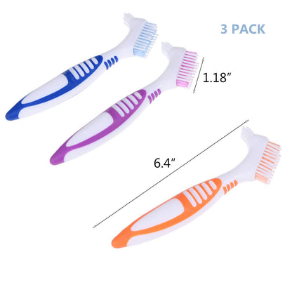 FRUTA 3 Pcs Denture Cleaning Brushes – Double-Sided, Multi-Layer Bristles (3 Colors)