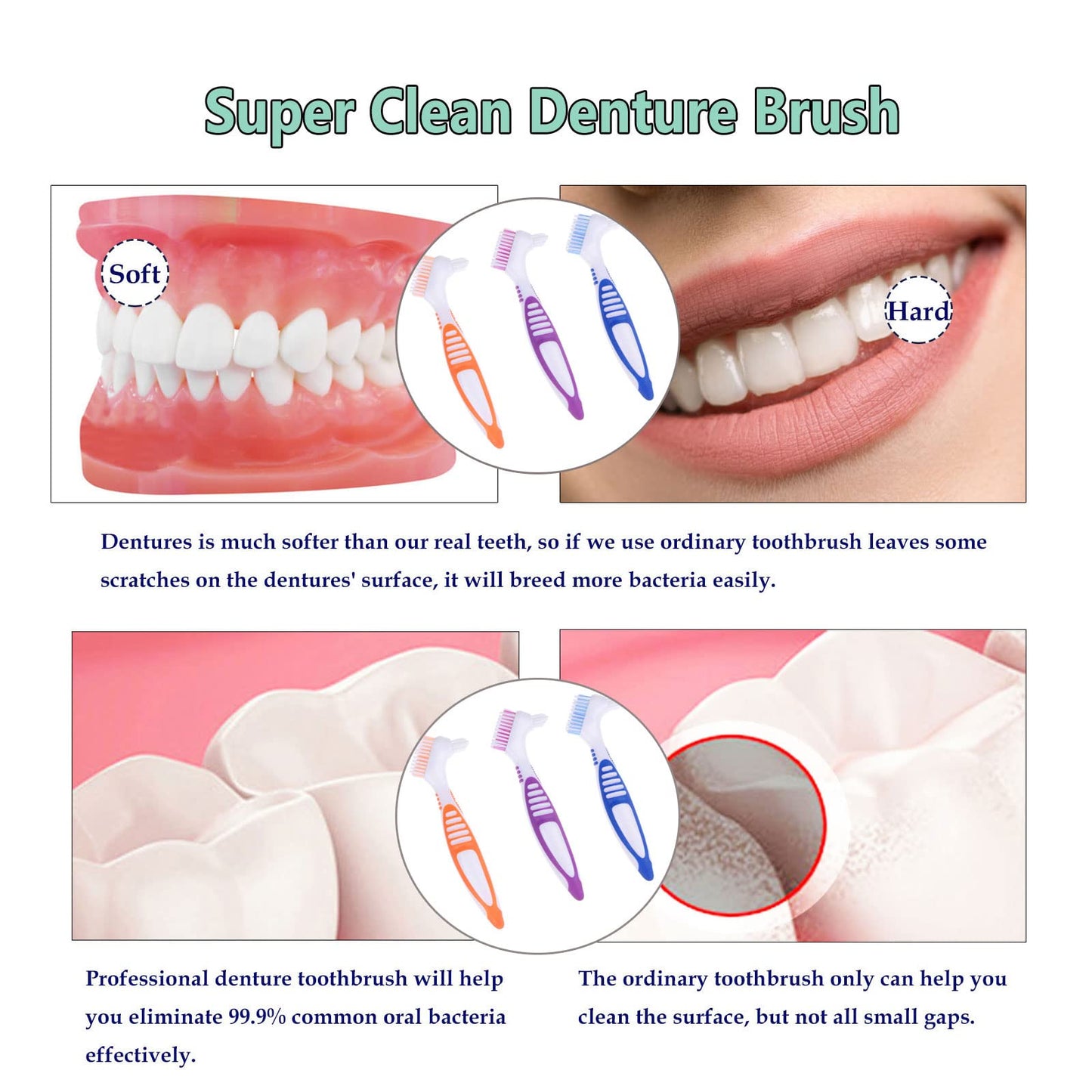 FRUTA 3 Pcs Denture Cleaning Brushes – Double-Sided, Multi-Layer Bristles (3 Colors)