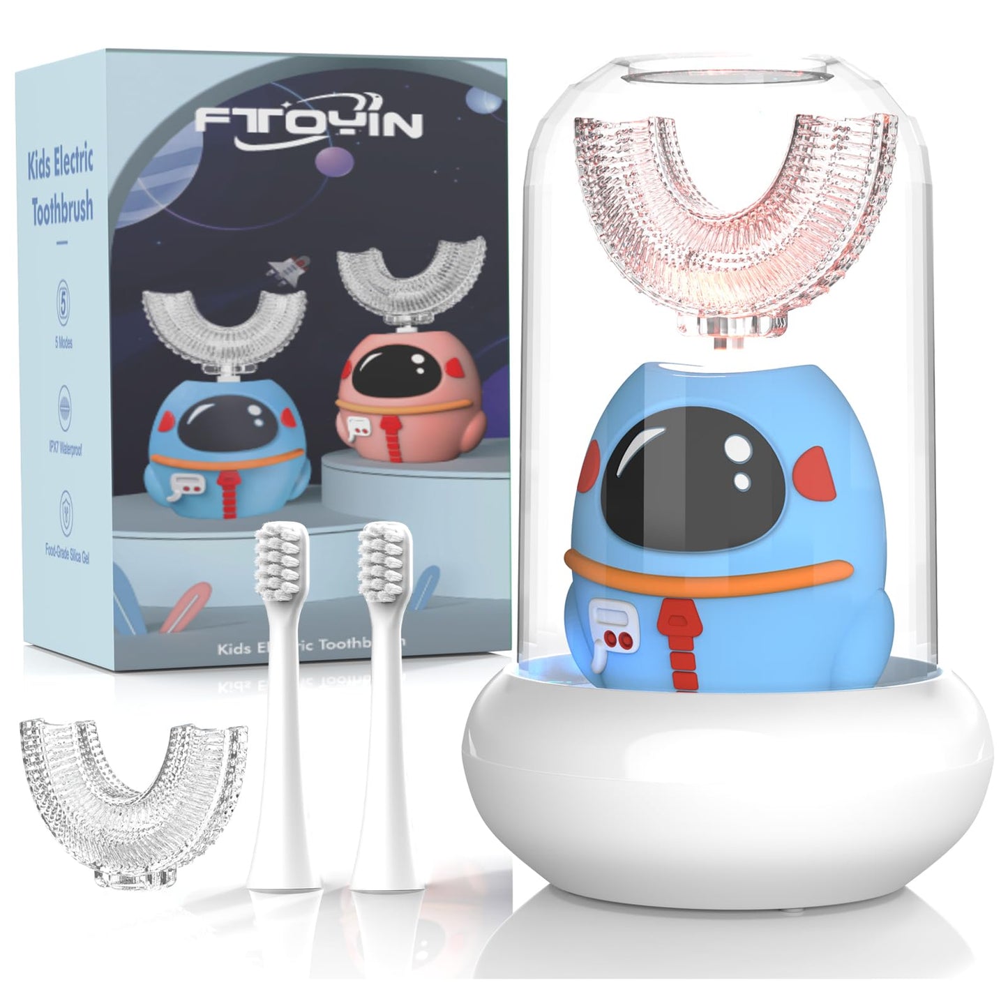 FTOYIN Kids Electric Toothbrush – U Shaped, 4 Heads, 5 Modes, 45s Timer, IPX7