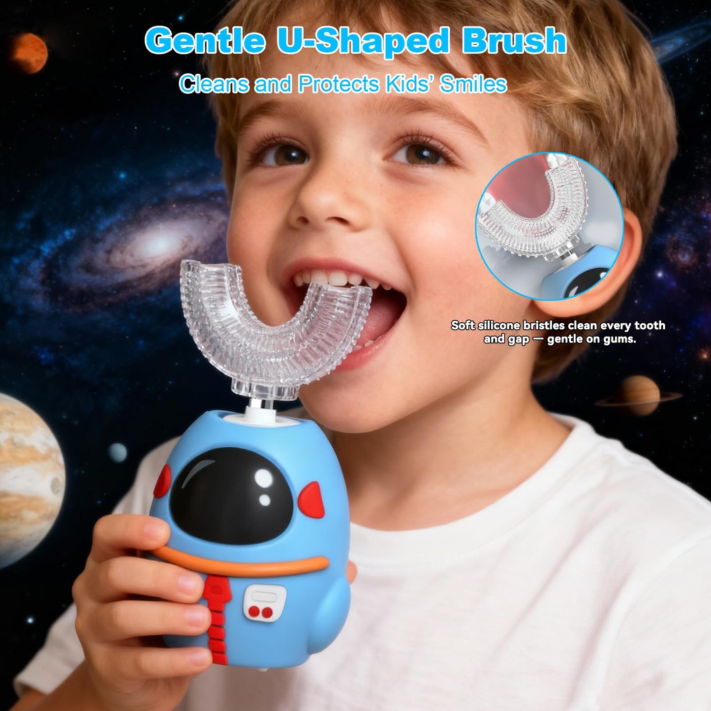 FTOYIN Kids Electric Toothbrush – U Shaped, 4 Heads, 5 Modes, 45s Timer, IPX7