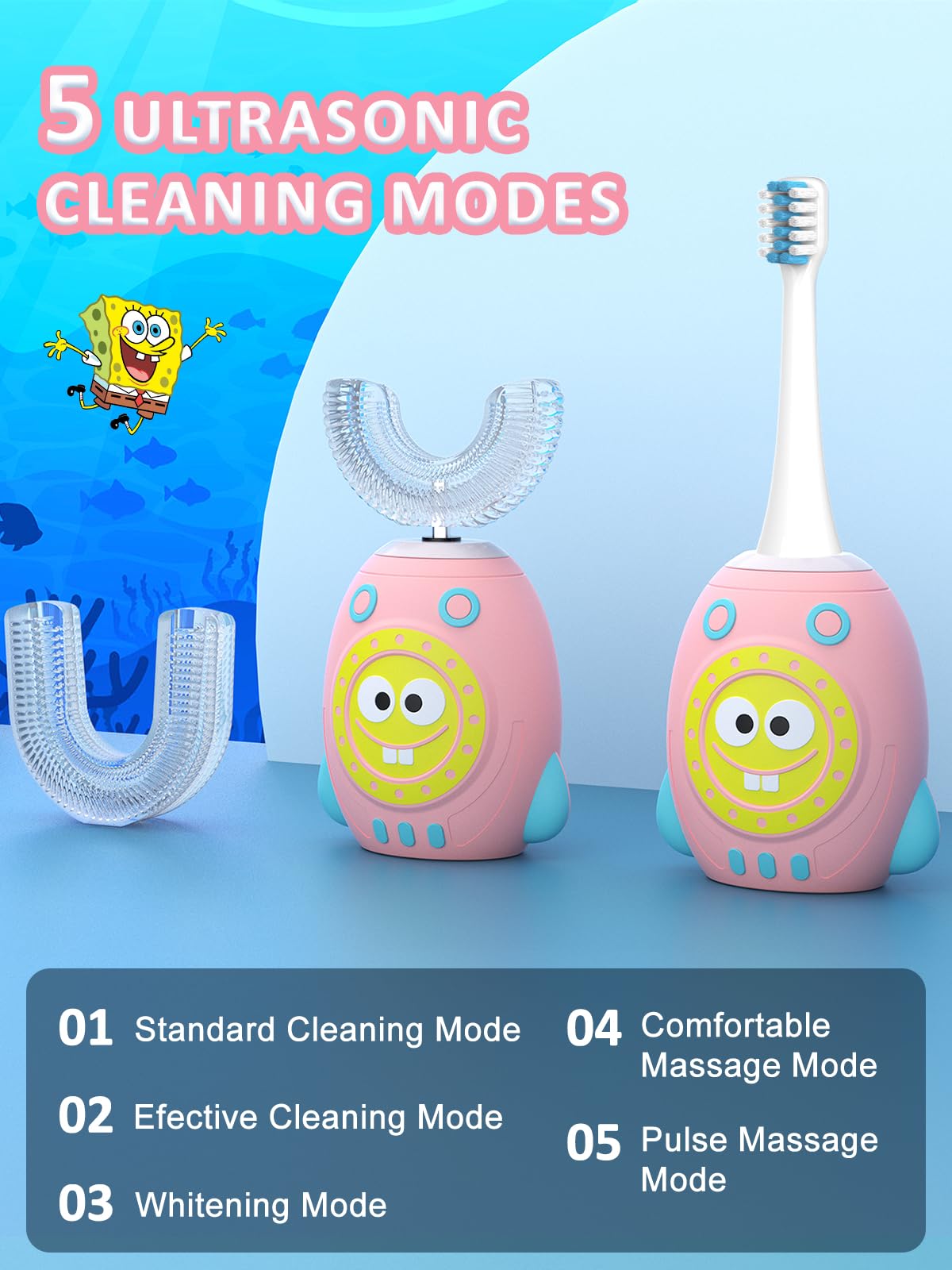 FTOYIN Kids U-Shaped Electric Toothbrush – 5 Modes, 45s Timer, IPX7 Waterproof