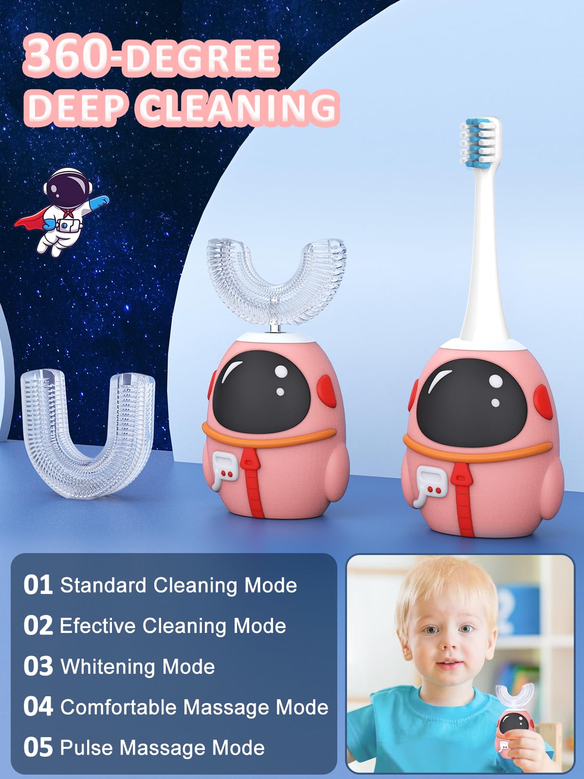 FTOYIN Kids U-Shaped Electric Toothbrush - 5 Modes, 45s Reminder, IPX7