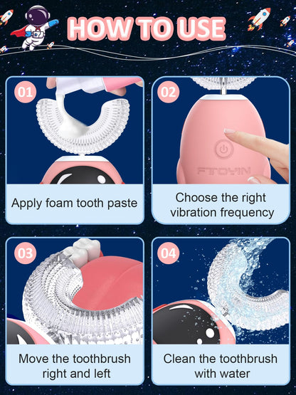 FTOYIN Kids U-Shaped Electric Toothbrush - 5 Modes, 45s Reminder, IPX7