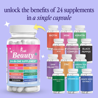 Fuel Beauty+ 24-in-1 Hair, Skin & Nails Vitamins for Women – 60 Capsules