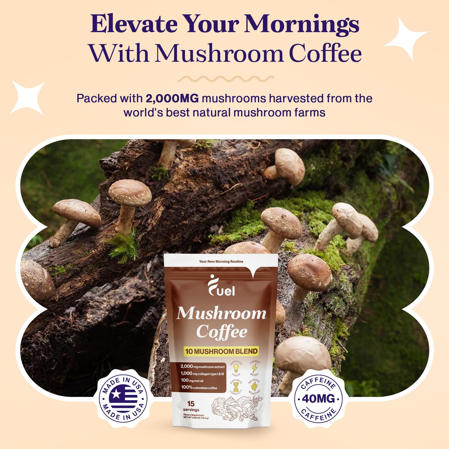 Fuel Nutrition Pro Collagen & Mushroom Coffee for Weight Loss | Low Caffeine Organic Instant Coffee