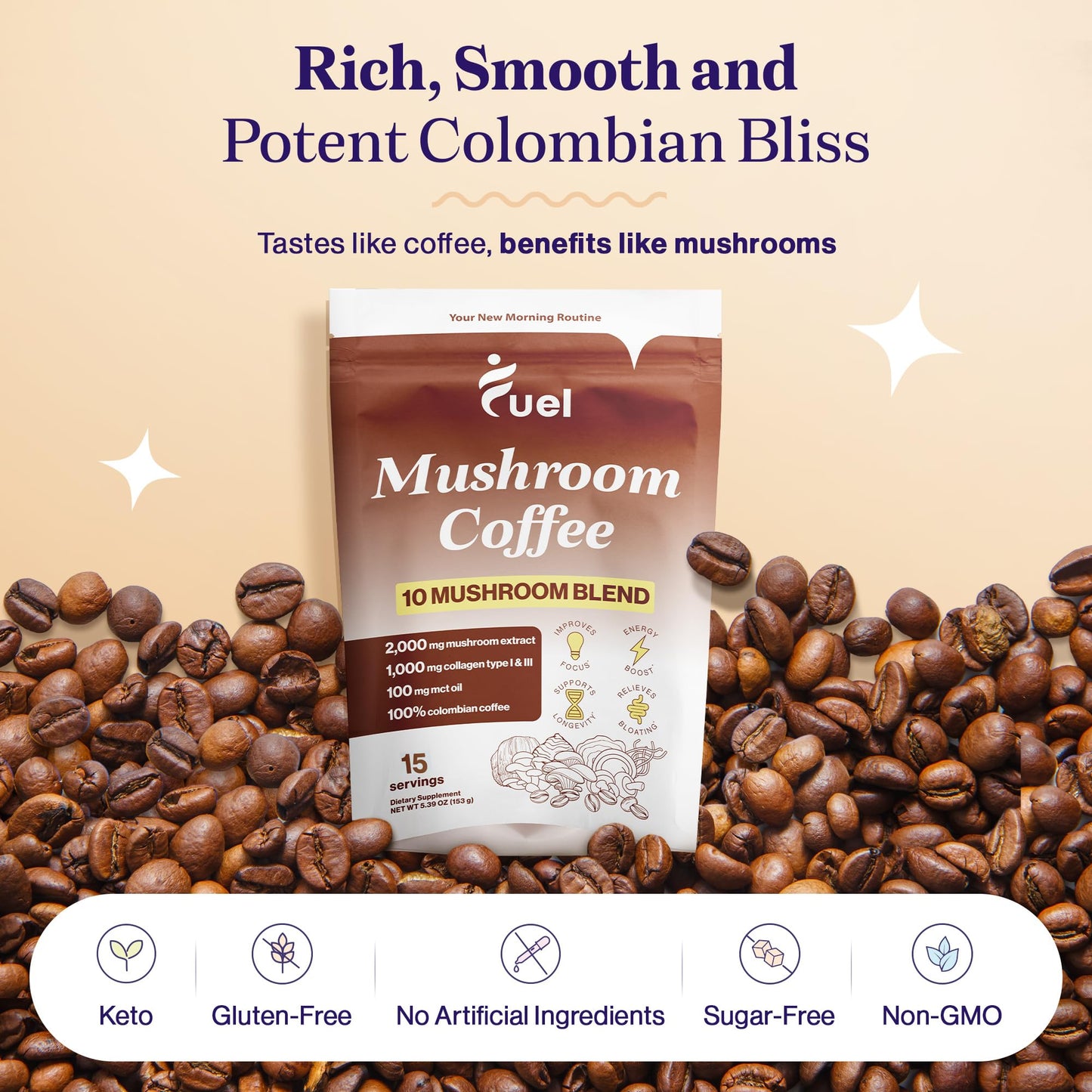 Fuel Nutrition Pro Collagen & Mushroom Coffee for Weight Loss | Low Caffeine Organic Instant Coffee