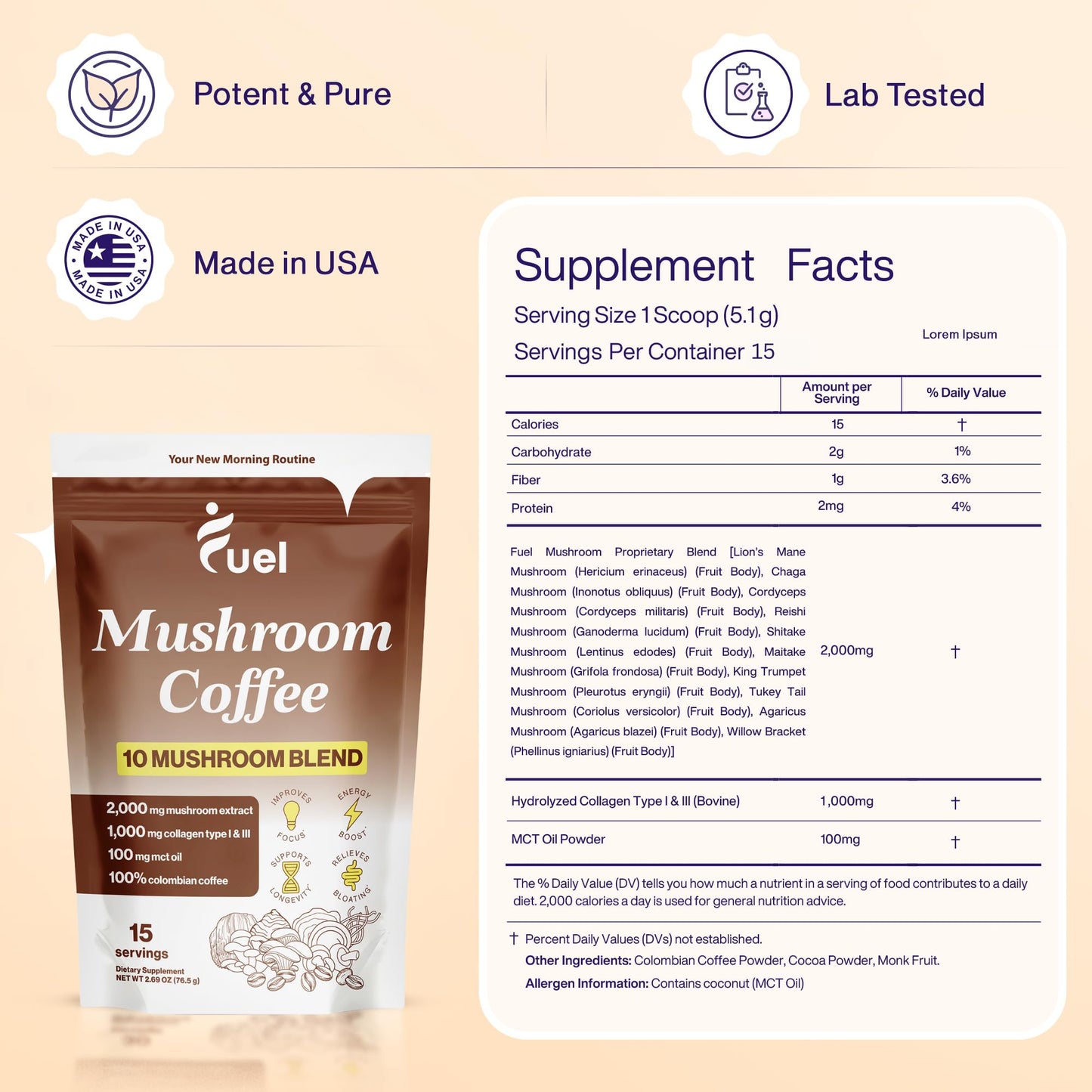 Fuel Nutrition Pro Collagen & Mushroom Coffee for Weight Loss | Low Caffeine Organic Instant Coffee