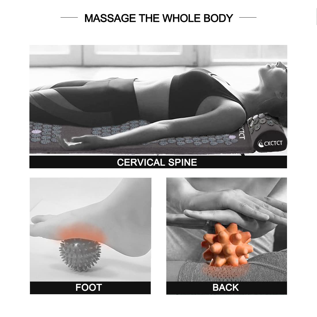 Extra Long Yoga Acupressure Mat Set with Magnetic Points – Full-Body Massage Pillow for Neck & Back Pain Relief (Grey)