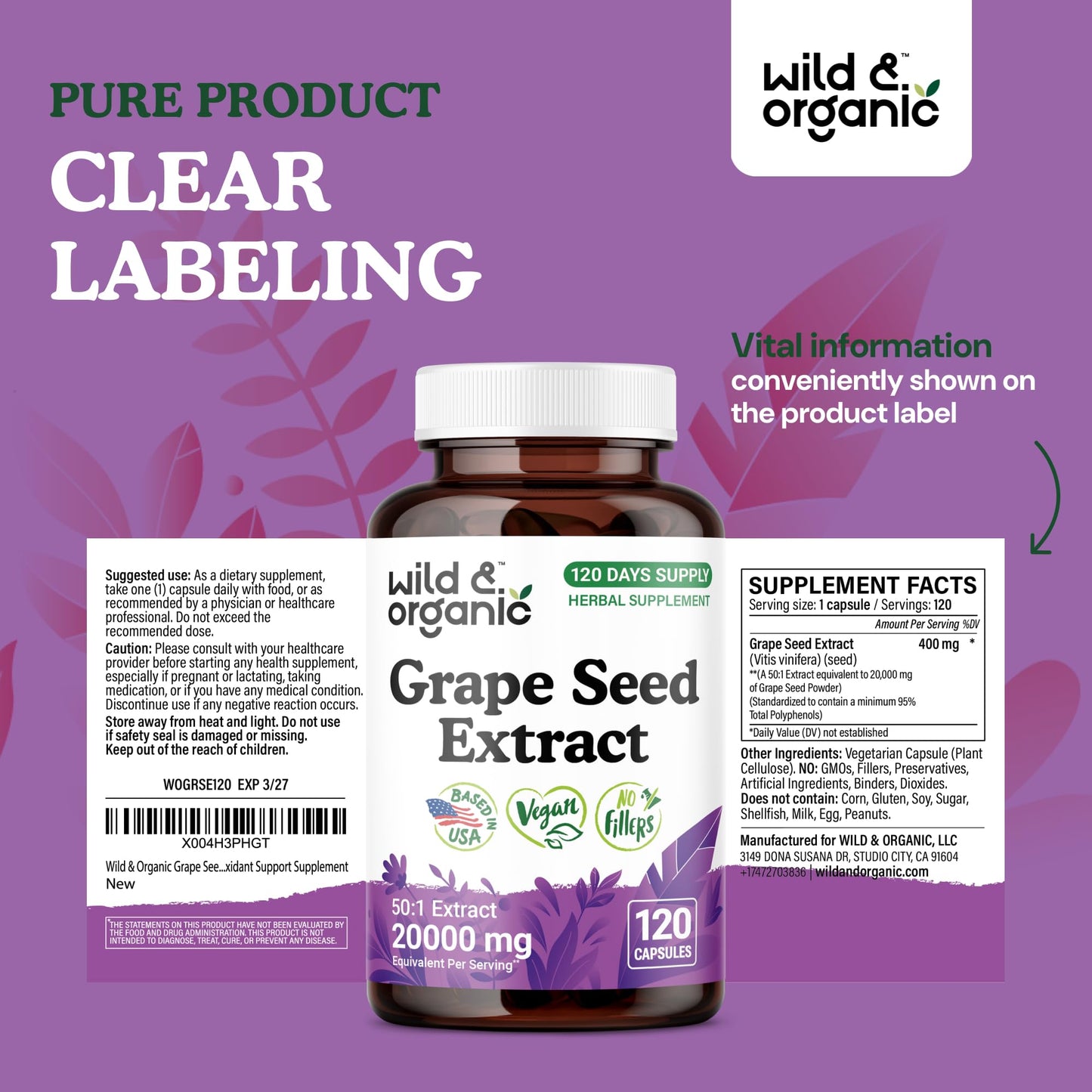 Wild & Organic Grape Seed Extract Capsules - 20,000 mg Strength Grapeseed Extract Equivalent - 95% Polyphenols - 400 mg per Serving - 120 Vegan Capsules - 4 Month Supply - Non-GMO