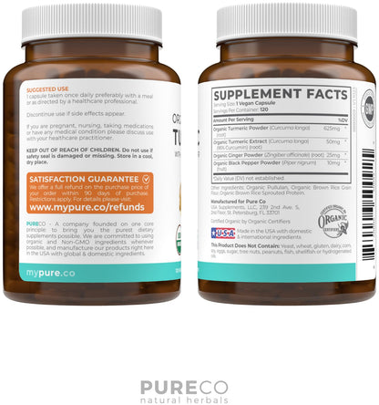 Organic Turmeric Ginger Black Pepper Supplement - High Potency Curcumin, 2 Month Supply