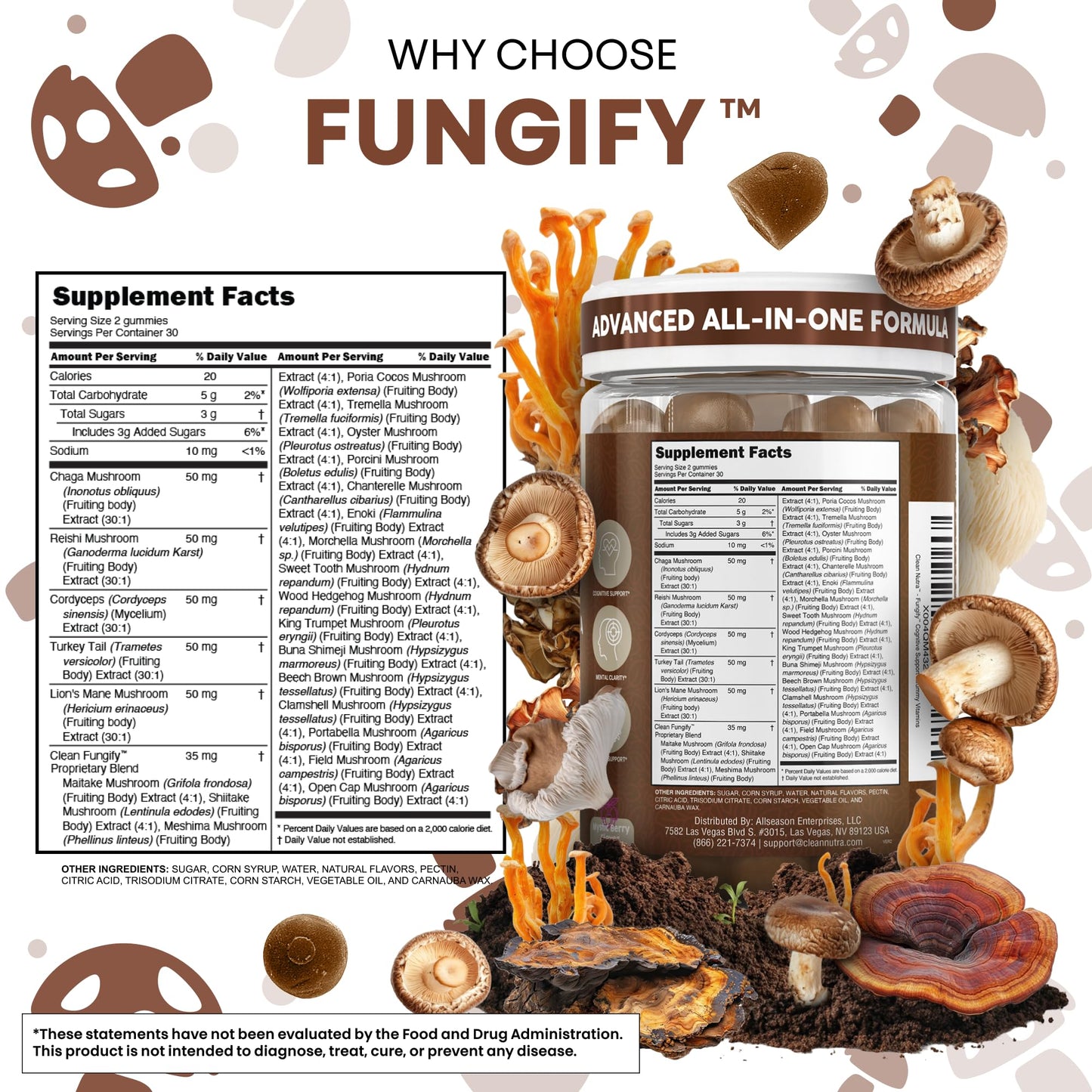 Clean Nutra Lions Mane Gummies — Memory & Focus with Cordyceps, Reishi & Immune Support