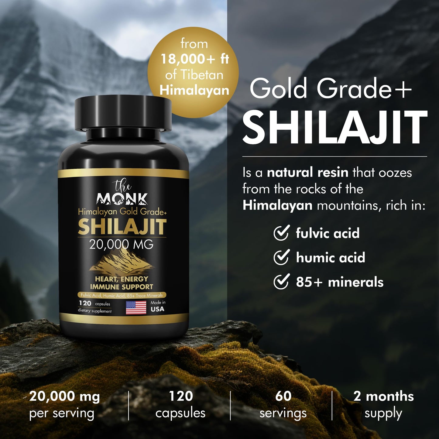 Organic Shilajit Gold Grade Plus – Fulvic & Humic Acids, 120 Capsules, USA Made