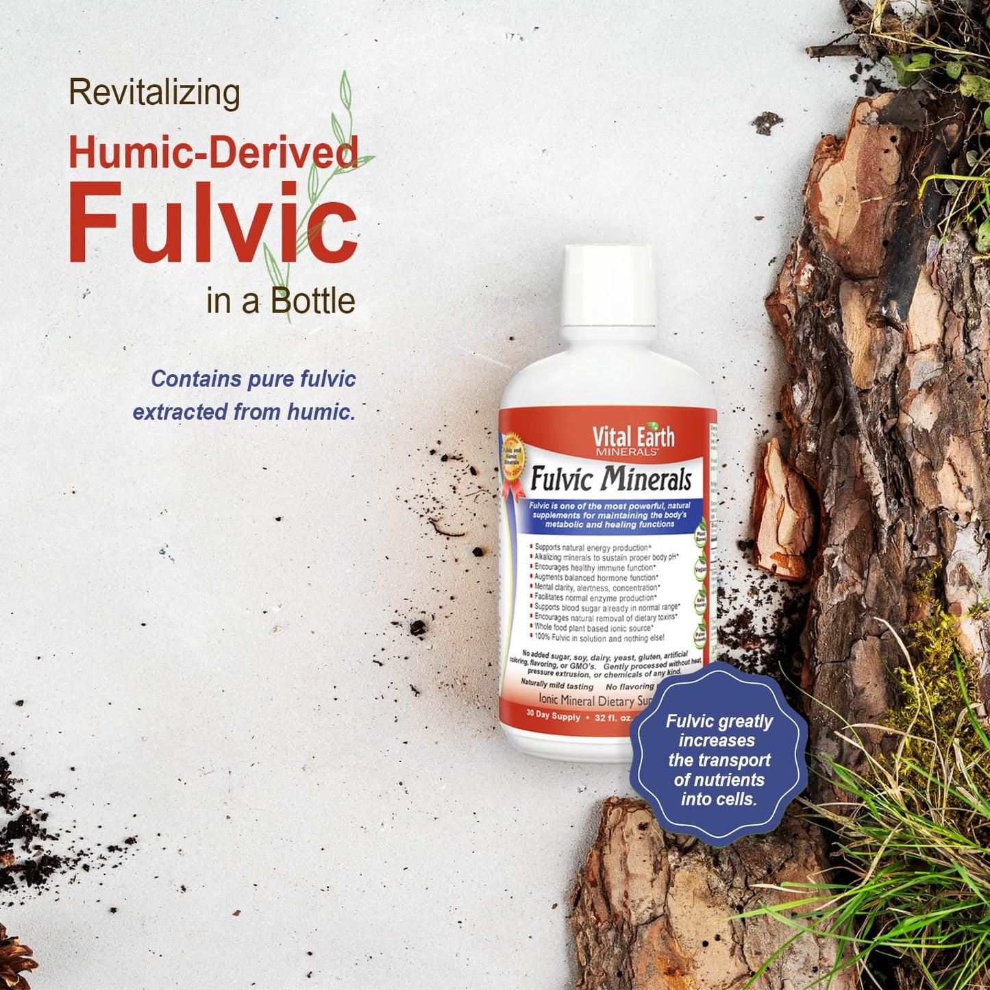 Vital Earth Minerals Fulvic Minerals Liquid – Fulvic Acid with 70+ Trace Minerals, 32 oz + 1 oz Cup