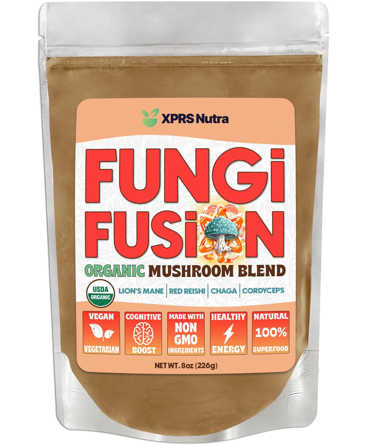 Fungi Fusion Organic Mushroom Powder Blend - Lion's Mane, Red Reishi, Chaga, Cordyceps (8 oz)
