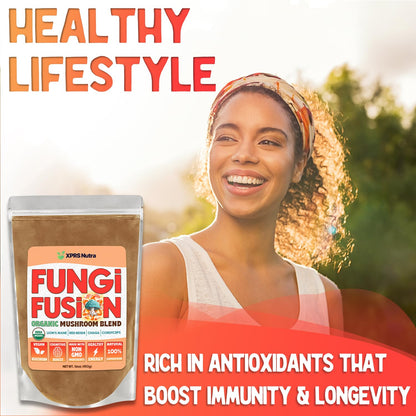 Fungi Fusion Organic Mushroom Powder Blend - Lion's Mane, Red Reishi, Chaga, Cordyceps (8 oz)