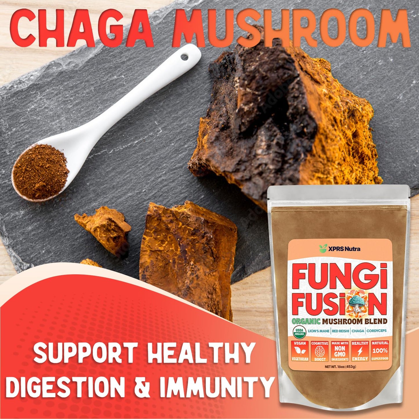 Fungi Fusion Organic Mushroom Powder Blend - Lion's Mane, Red Reishi, Chaga, Cordyceps (8 oz)