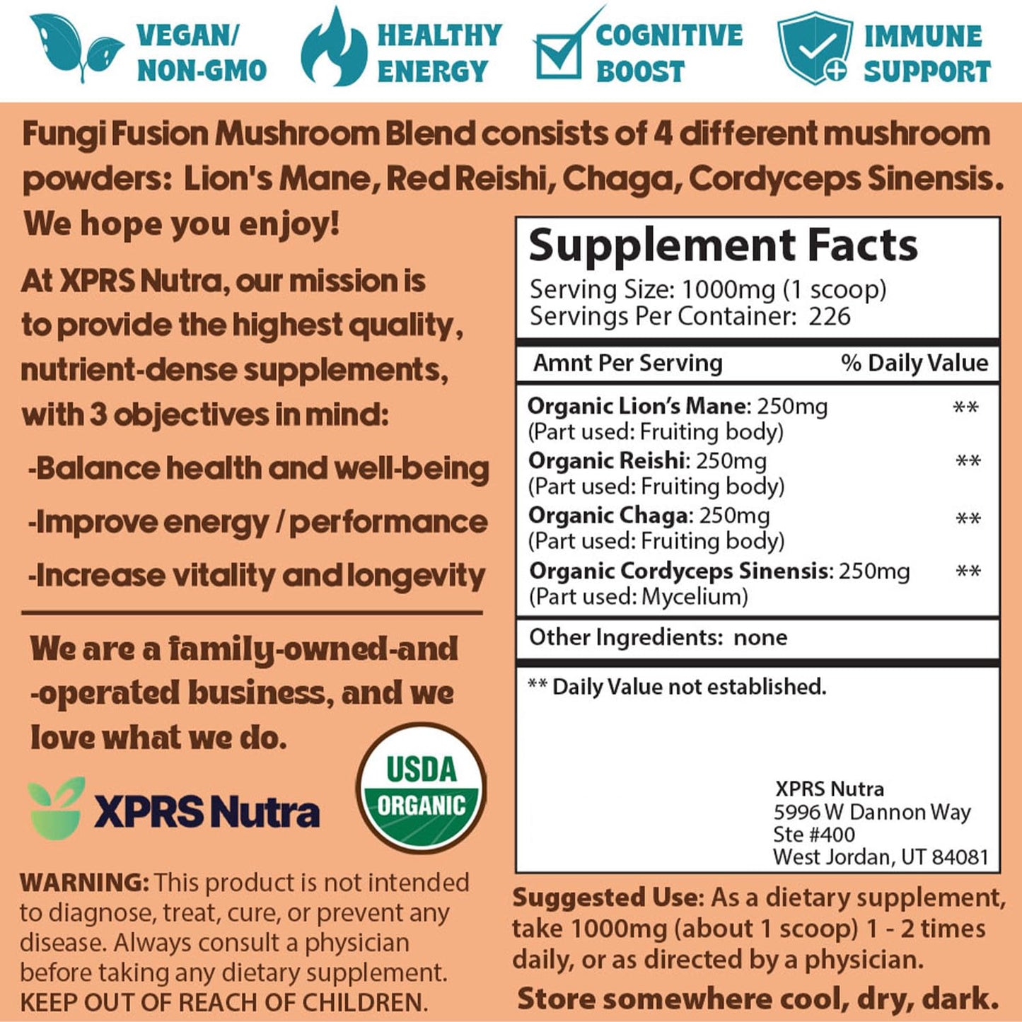 Fungi Fusion Organic Mushroom Powder Blend - Lion's Mane, Red Reishi, Chaga, Cordyceps (8 oz)