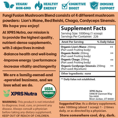 Fungi Fusion Organic Mushroom Powder Blend - Lion's Mane, Red Reishi, Chaga, Cordyceps (8 oz)
