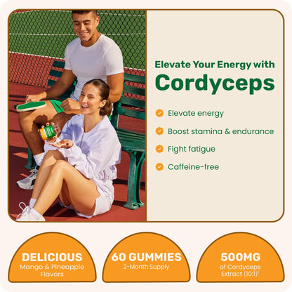 Fungies Cordyceps Mushroom Gummies, Mango & Pineapple Flavor - 60 Servings | Energy & Endurance (Caffeine-Free)