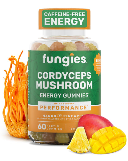 Fungies Cordyceps Mushroom Gummies, Mango & Pineapple Flavor - 60 Servings | Energy & Endurance (Caffeine-Free)
