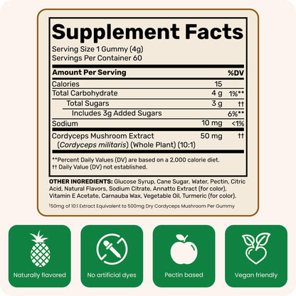 Fungies Cordyceps Mushroom Gummies, Mango & Pineapple Flavor - 60 Servings | Energy & Endurance (Caffeine-Free)
