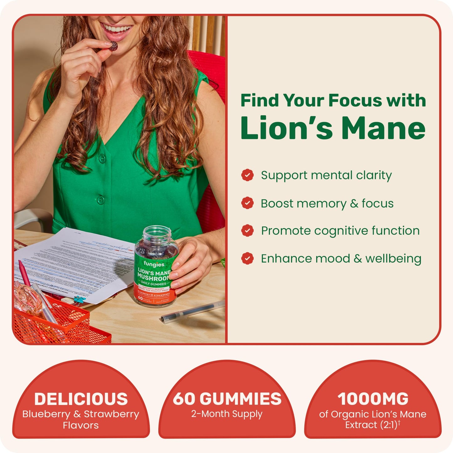Fungies Lion's Mane Gummies – Mixed Blueberry & Strawberry, 60 Servings | Brain Health & Focus