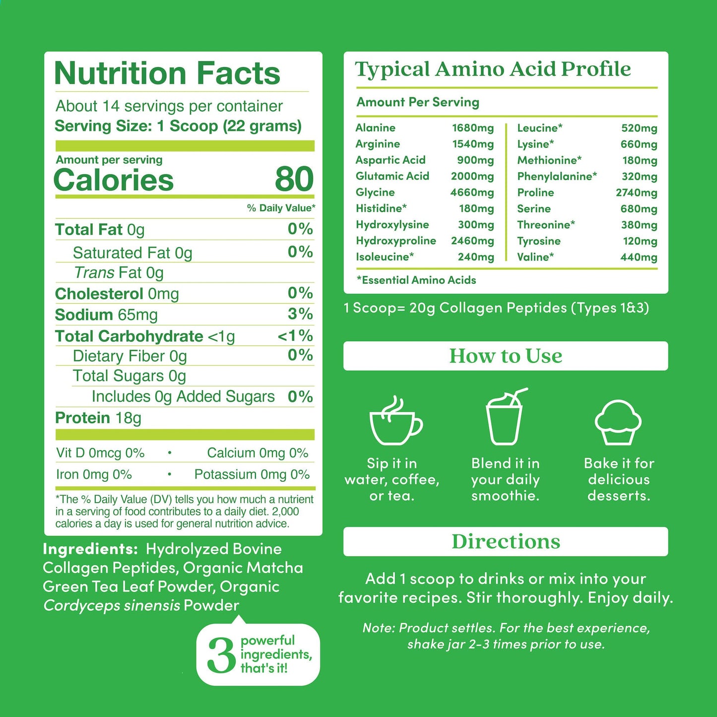 Further Food Matcha Collagen Peptides Powder – Organic Matcha & Cordyceps, 10.62 oz