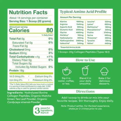Further Food Matcha Collagen Peptides Powder – Organic Matcha & Cordyceps, 10.62 oz