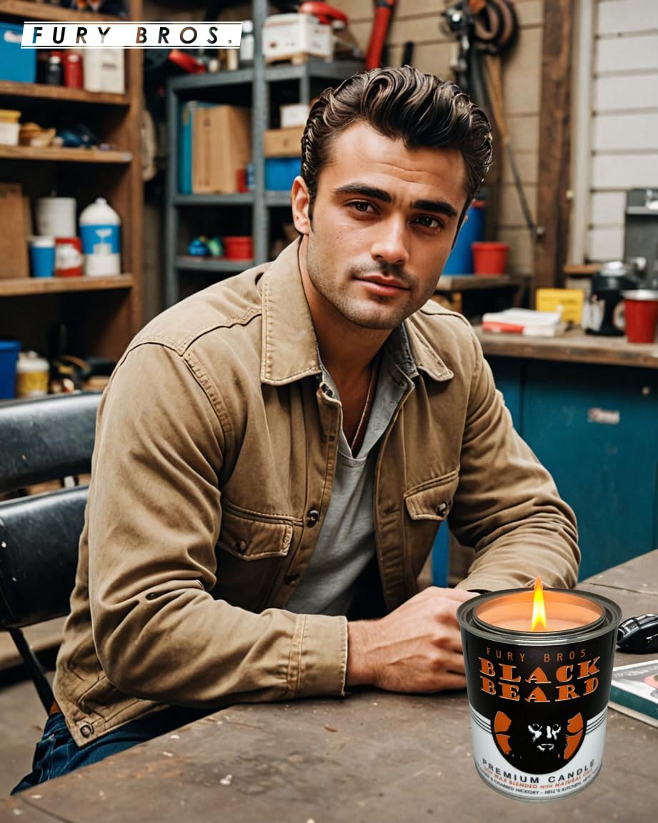 Fury Bros. Black Beard Candle for Men – Gunpowder & Charred Hickory, 12.5 oz Tin