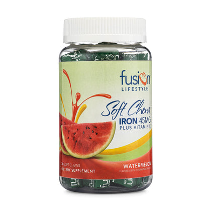 Fusion Lifestyle Iron Soft Chews – Watermelon Flavor, 45 mg Iron + Vitamin C, 30 Count