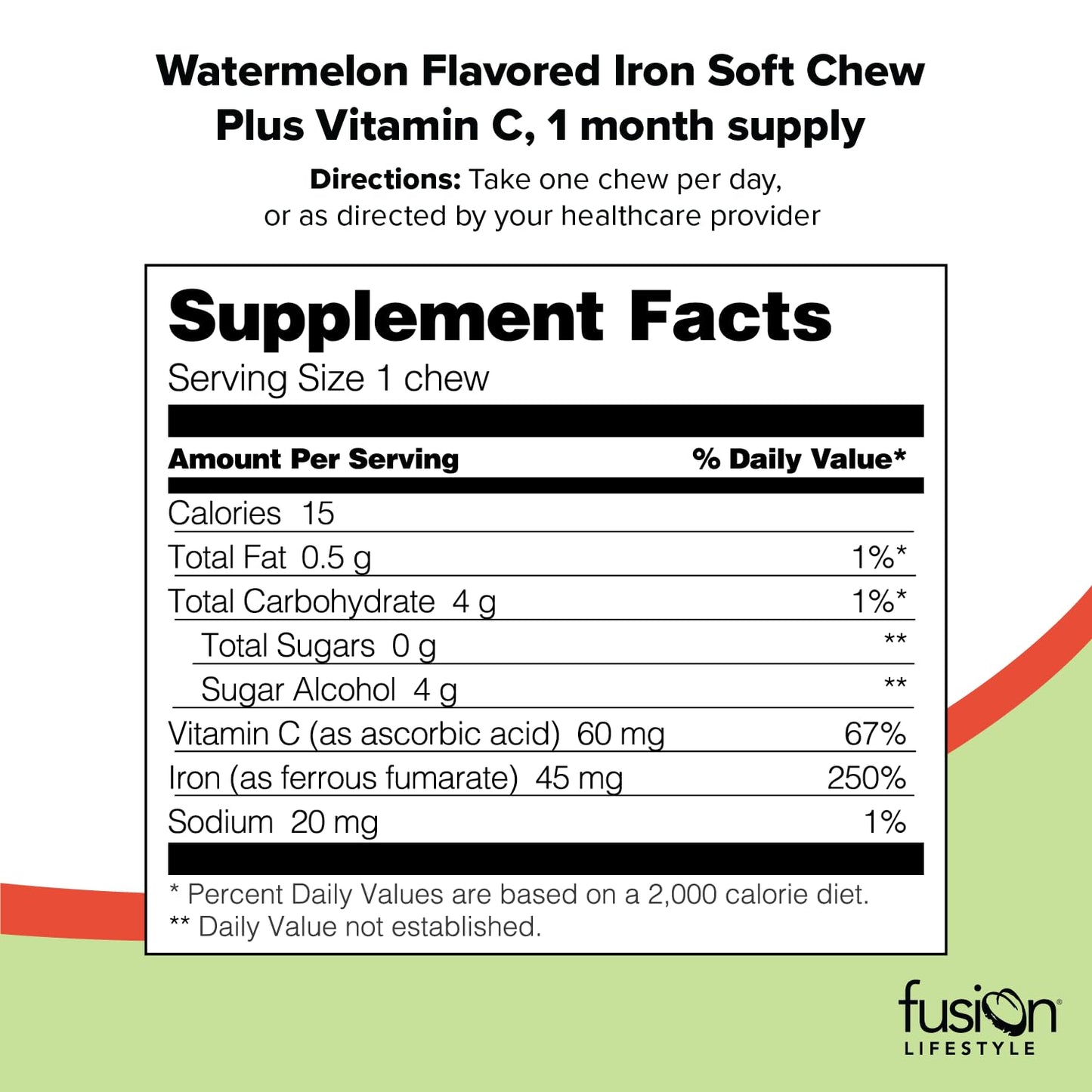 Fusion Lifestyle Iron Soft Chews – Watermelon Flavor, 45 mg Iron + Vitamin C, 30 Count