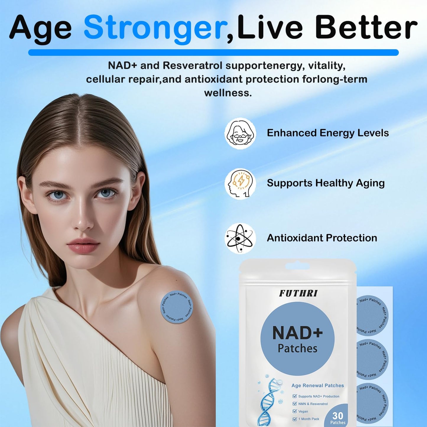 FUTHRI NAD+ Patches – Vegan, All-Day Comfort | Energy & Healthy Aging | 60-Day Supply